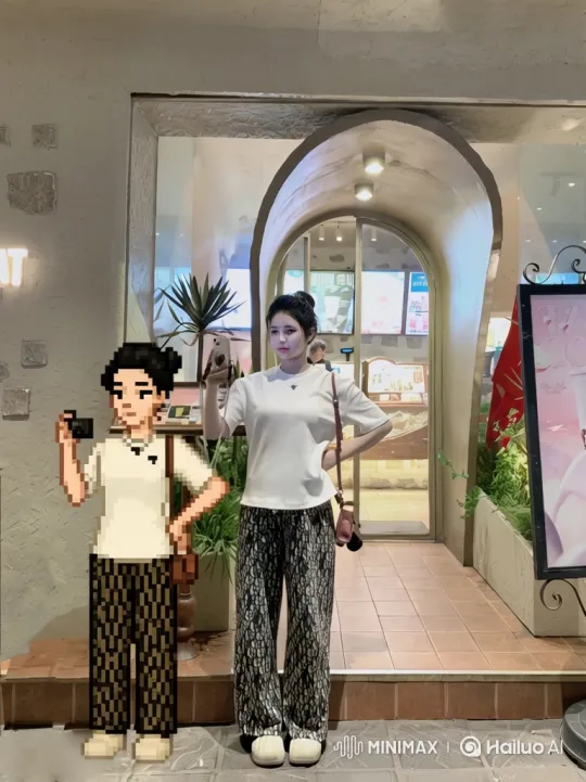 Stylish Woman and Pixelated Double in Cinematic Orbit – AI Generated Video | Hailuo AI