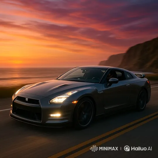 Sleek Nissan GTR Glides Along Coastal Highway at Golden Hour – AI Generated Video | Hailuo AI