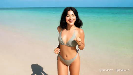 Joyful Run: Beautiful Woman on the Beach – AI Generated Video | Hailuo AI