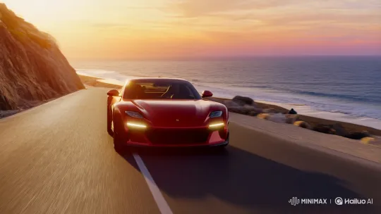 Modern Sports Car Drives on Coastal Road at Sunset – AI Generated Video | Hailuo AI