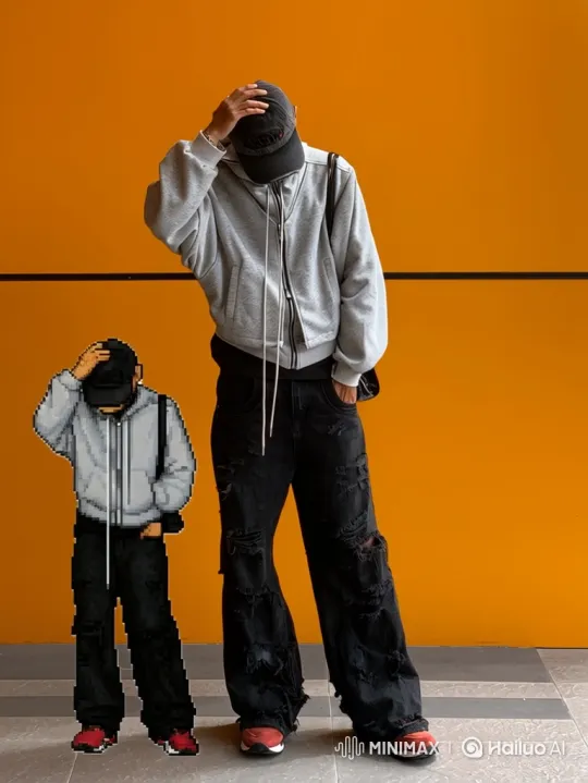 Person and Pixelated Double Orbit in Orange Backdrop – AI Generated Video | Hailuo AI