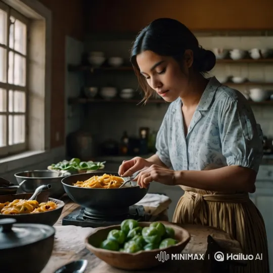 Young Woman Cooking Pasta in Rustic Kitchen – AI Generated Video | Hailuo AI