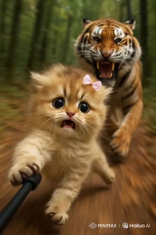Cat Evades Tiger Chase in Forest – AI Generated Video | Hailuo AI