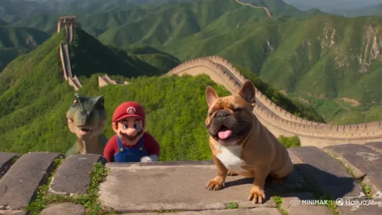 French Bulldog, Mario, and Dinosaur Pose on Great Wall – AI Generated Video | Hailuo AI