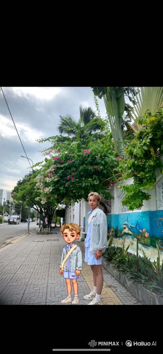 Young Man and His Pixelated Clone on City Sidewalk – AI Generated Video | Hailuo AI