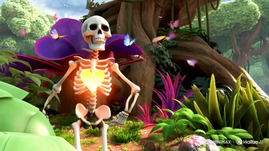 Cheerful Skeleton with Glowing Heart in Colorful Jungle – AI Generated Video | Hailuo AI