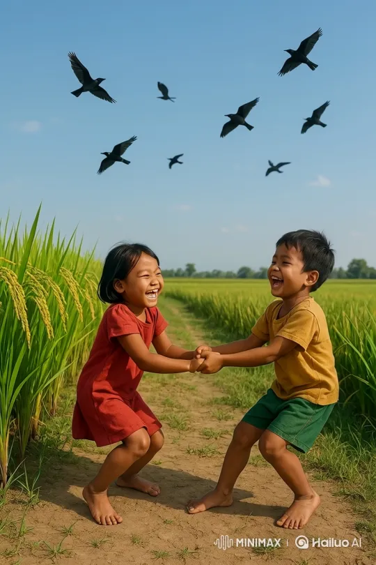 Joyful Children Playing in a Lush Rice Field – AI Generated Video | Hailuo AI