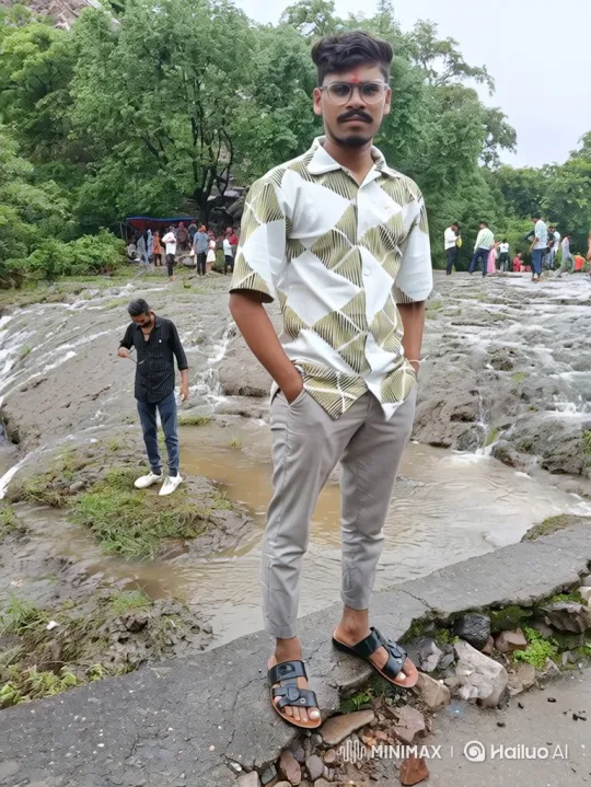 Young Man Stands by Flowing Stream in Lush Landscape – AI Generated Video | Hailuo AI
