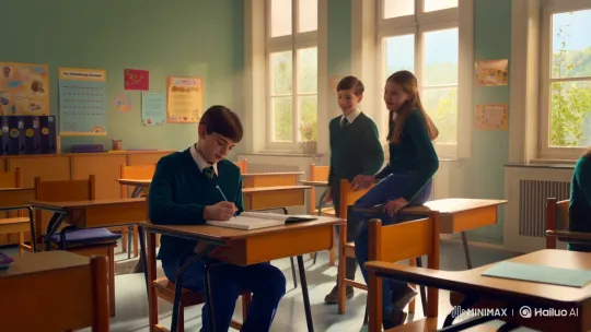 Student Finds Friendship in Bright Classroom – AI Generated Video | Hailuo AI