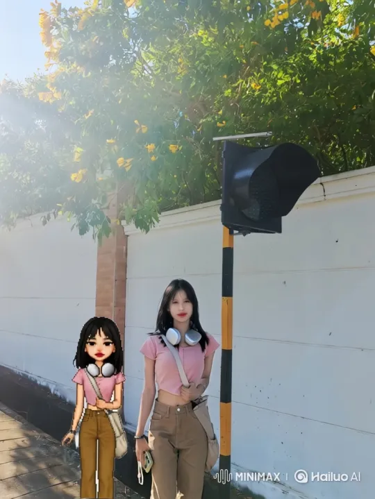 Young Woman and Avatar Side-by-Side on Sidewalk – AI Generated Video | Hailuo AI