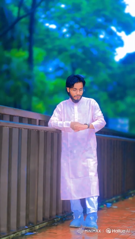 Young Man in Pink Tunic on Rust Walkway – AI Generated Video | Hailuo AI