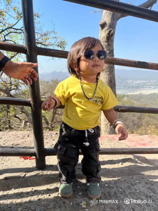 Toddler in Sunglasses Stands Confidently at Scenic Overlook – AI Generated Video | Hailuo AI