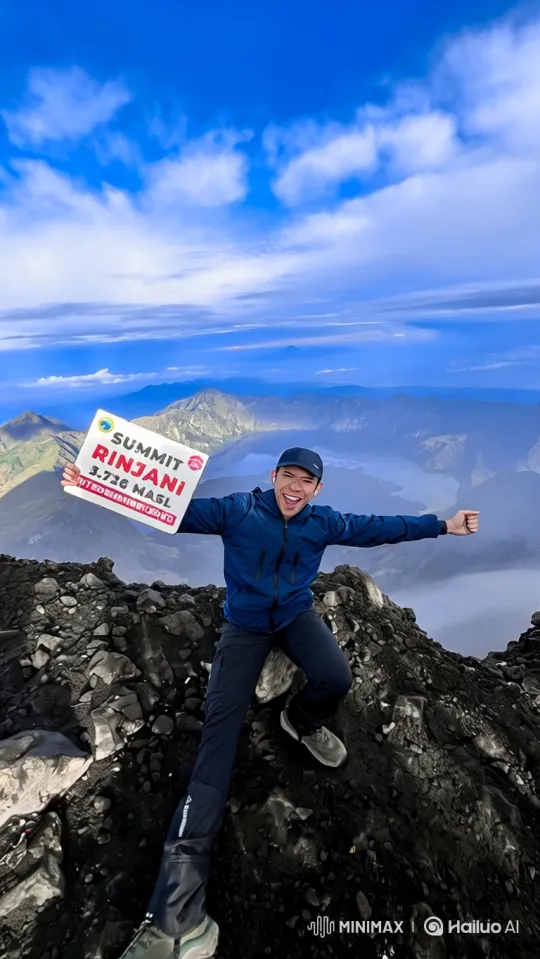 Man on Mount Rinjani Celebrates with Epic Earth Zoom-Out – AI Generated Video | Hailuo AI