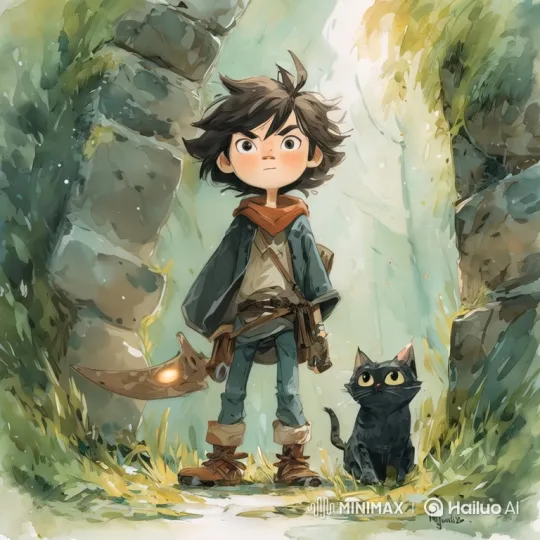 Young Adventurer and Cat Stand in Ancient Ruins – AI Generated Video | Hailuo AI