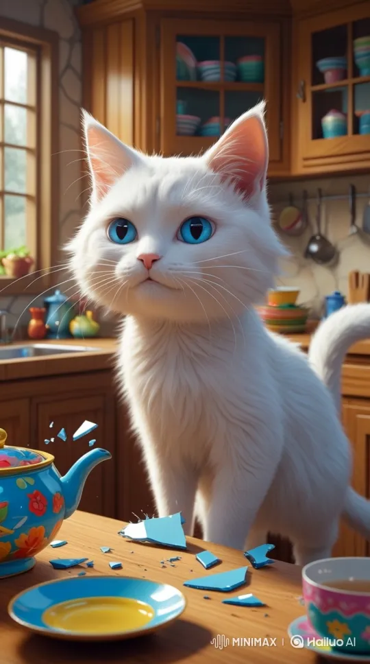 Cat Luna Accidentally Shatters Teacup in Cozy Kitchen – AI Generated Video | Hailuo AI