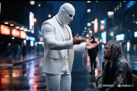 White-Masked Man Laughs, Leaves Seated Figure on Rainy Bench – AI Generated Video | Hailuo AI