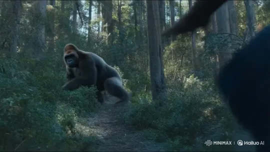 Perspective Chase: Person Evading Gorilla in Forest – AI Generated Video | Hailuo AI