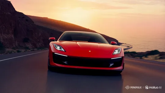 Red Sports Car Glides Along Coastal Sunset Highway – AI Generated Video | Hailuo AI