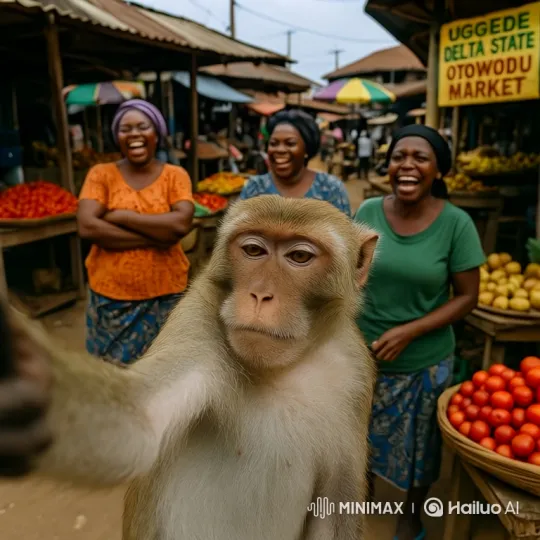 Monkey Poses for 'Selfie' in Bustling Market – AI Generated Video | Hailuo AI