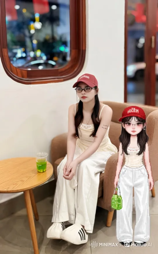 Young Woman and Avatar in Café: 180-Degree Orbit Video – AI Generated Video | Hailuo AI