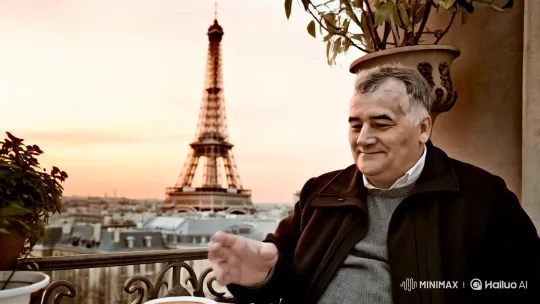Man Enjoying Coffee on Balcony with Eiffel Tower View – AI Generated Video | Hailuo AI