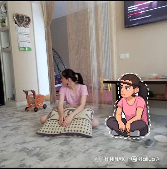 Woman and Pixel Art Double in Cinematic 180-Degree Shot – AI Generated Video | Hailuo AI
