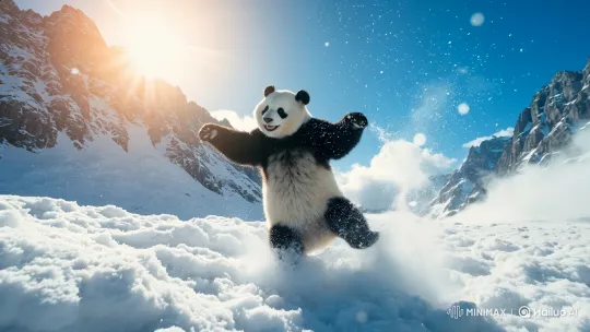 Panda Joyfully Dancing in Snowy Mountainscape – AI Generated Video | Hailuo AI