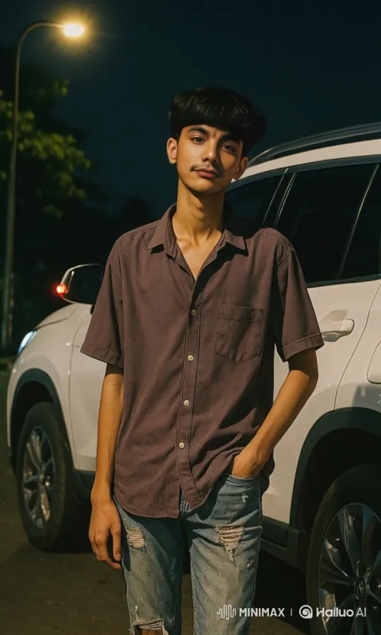 Young Man in Pensive Stance by White SUV at Night – AI Generated Video | Hailuo AI