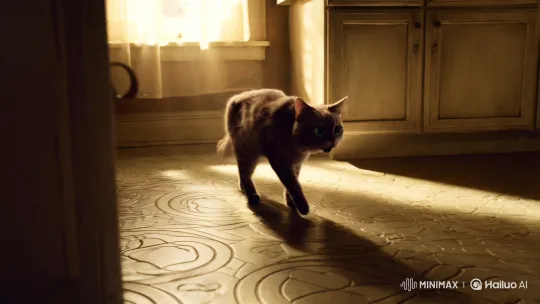 Melancholic Cat's Quest in a Dimly Lit Kitchen – AI Generated Video | Hailuo AI