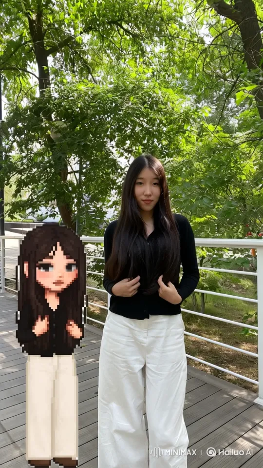 Young Woman and Her Pixel Avatar in Park Setting – AI Generated Video | Hailuo AI