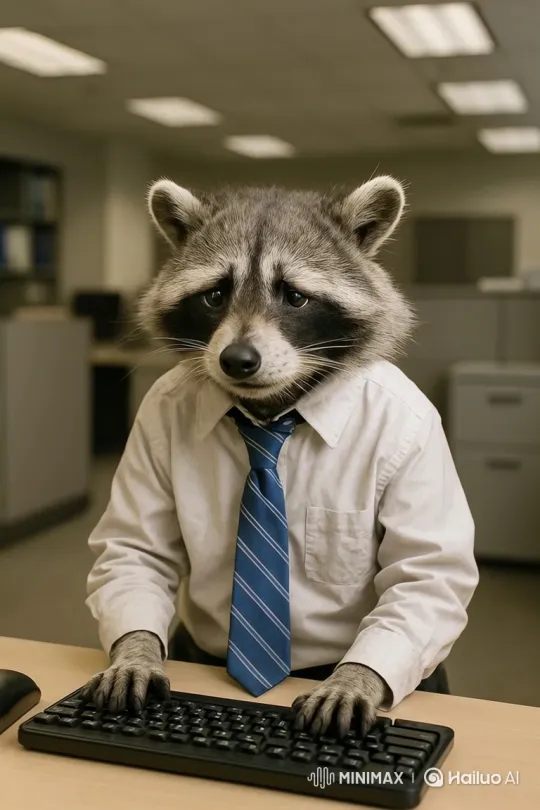 Cinematic Office Scene: A Focused Raccoon Worker – AI Generated Video | Hailuo AI