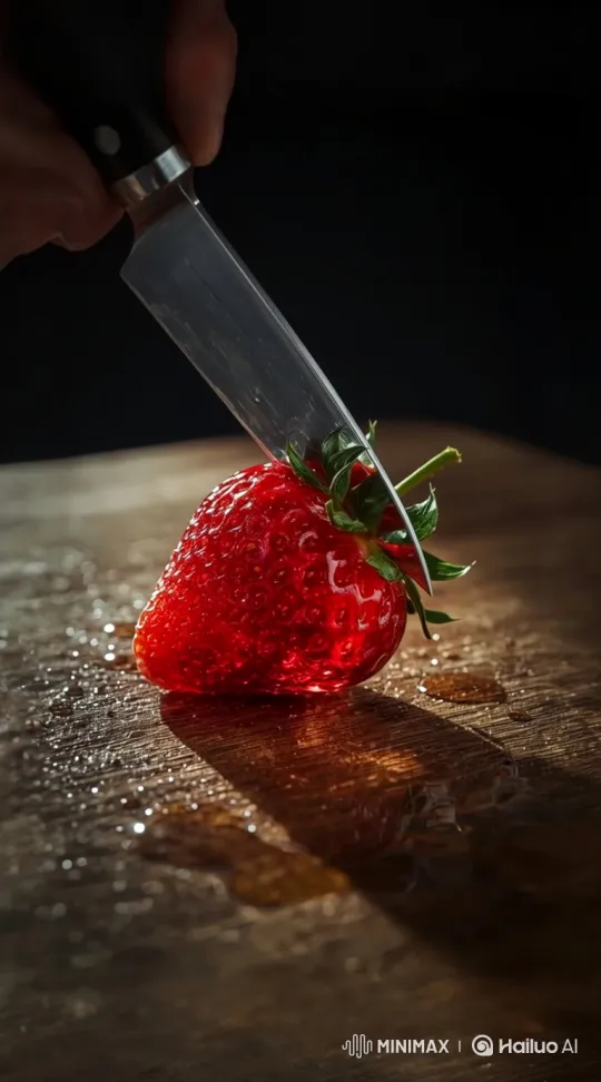 8K Macro Shot: Knife Slicing Through a Perfect Strawberry – AI Generated Video | Hailuo AI