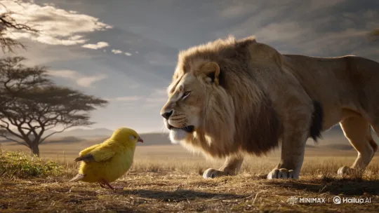 Chick Lifts Lion in Surreal Savanna Scene – AI Generated Video | Hailuo AI