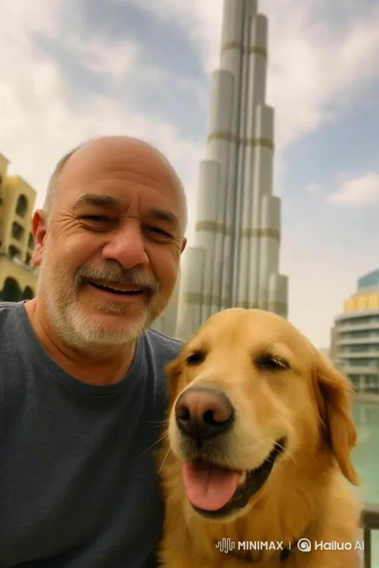Papa and Lucky's Visit to Dubai Opposite Burj Khalifa – AI Generated Video | Hailuo AI