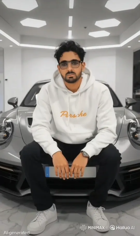 Young Man Showcases Confidence in Porsche Hoodie – AI Generated Video | Hailuo AI