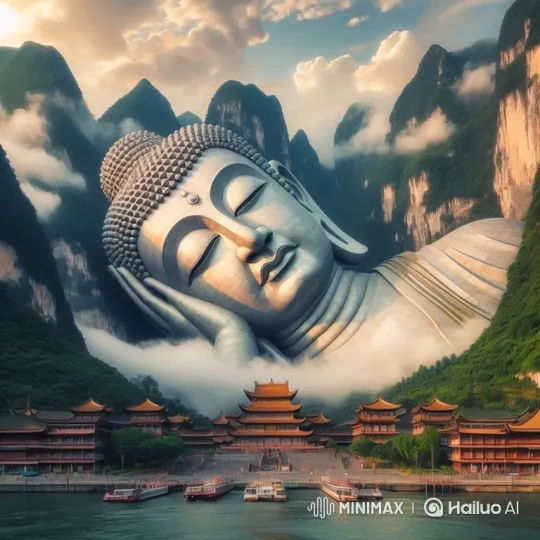 Golden Hour Panorama of Giant Buddha and Temple – AI Generated Video | Hailuo AI