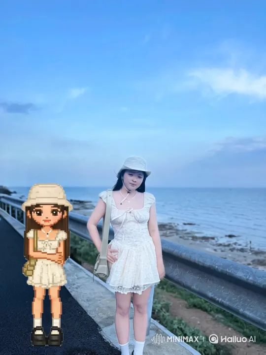 Young Woman and Pixel Character by the Sea – AI Generated Video | Hailuo AI