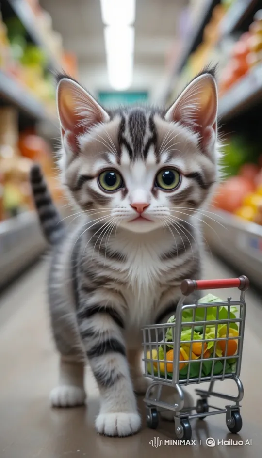 Adorable Kitten Shopping with Mini Cart – AI Generated Video | Hailuo AI