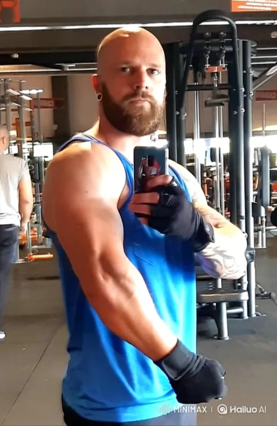Gym Selfie: Bald Man Flexing Muscles in Mirror – AI Generated Video | Hailuo AI