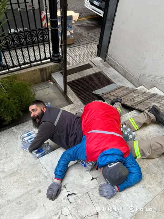 Workmen's Stumble Leads to Water Bottle Avalanche – AI Generated Video | Hailuo AI