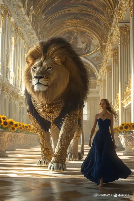 Elegant Walk with Lion in Opulent Palace Garden – AI Generated Video | Hailuo AI