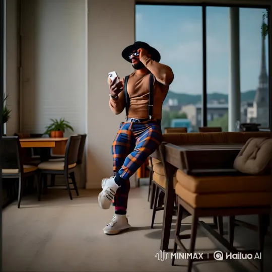 Stylish Man Relaxing, Engaged with Smartphone in Bright Cafe – AI Generated Video | Hailuo AI