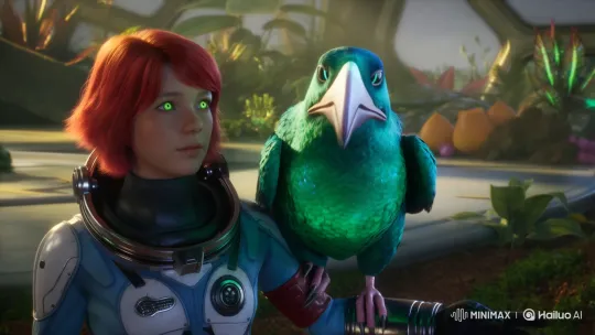 Teen Astronaut Bonds with Alien Bird in Futuristic Greenhouse – AI Generated Video | Hailuo AI