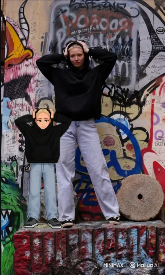 Young Woman Mirrored by Pixel Self in Graffiti Setting – AI Generated Video | Hailuo AI