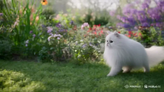 White Persian Cat Playfully Runs Through Colorful Garden – AI Generated Video | Hailuo AI