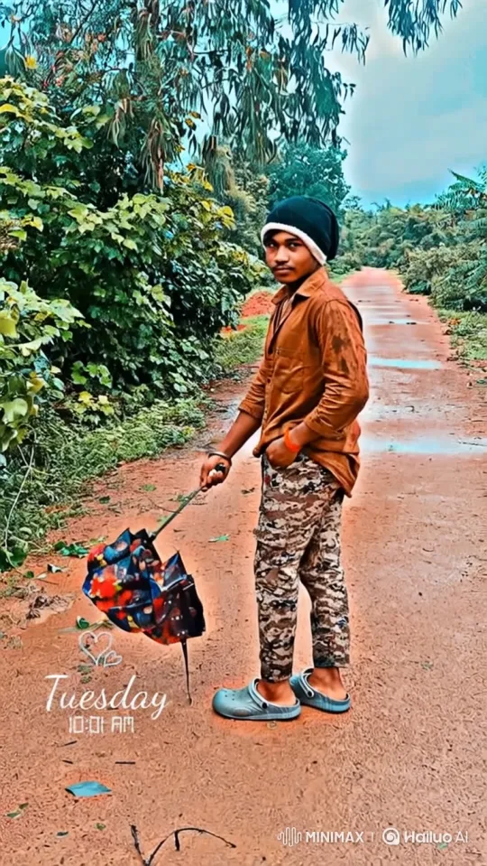 Young Man in Woods with Umbrella, Steady Gaze – AI Generated Video | Hailuo AI