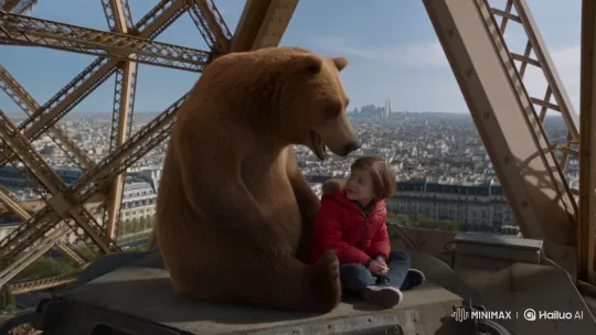 Child and Bear Converse on Eiffel Tower's Deck – AI Generated Video | Hailuo AI