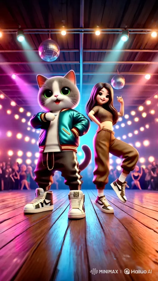 Anthropomorphic Cat and Dancer Showcase on Polished Floor – AI Generated Video | Hailuo AI