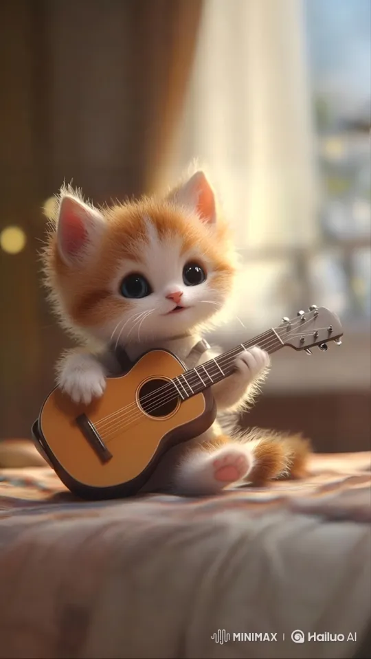 Orange and White Kitten Plays Miniature Guitar – AI Generated Video | Hailuo AI