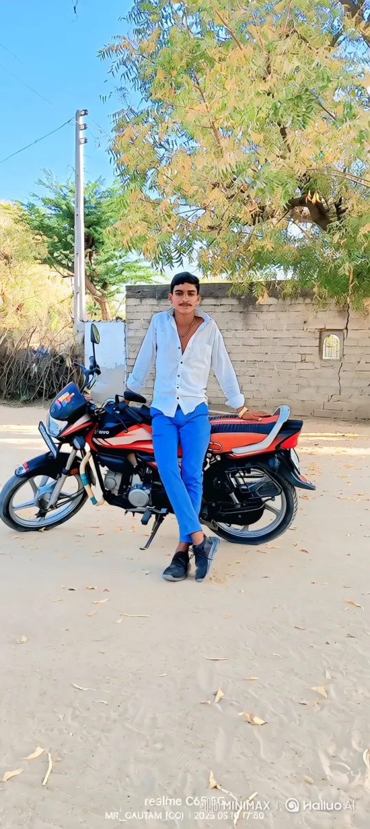 Young Man with Mustache and Motorcycle in Sandy Setting – AI Generated Video | Hailuo AI